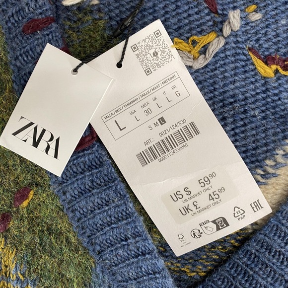 Zara Cardigan Sweater Womens Large Blue Argyle Button Front Patchwork Grandpa - Picture 8 of 15